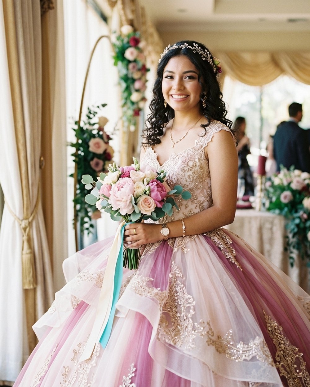 Quinceañera radiante con vestido de gala